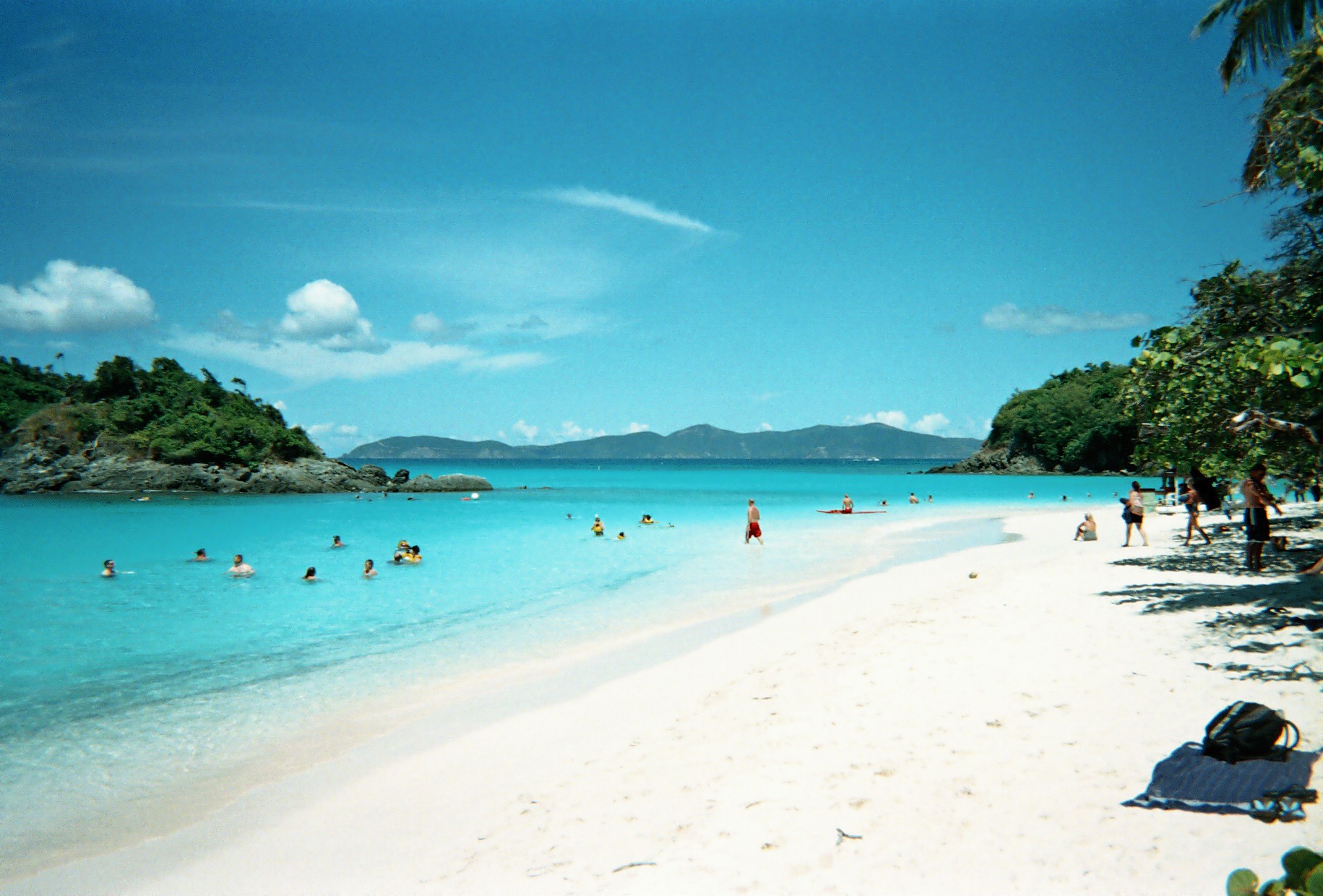 Trunk Bay, St John. The underwater snorkel trail is just infront of the little island on the left.